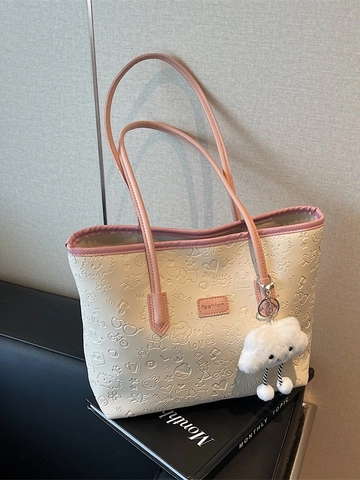 Women Embossed Cartoon Pattern PU Leather Tote Bag Fashion Shoulder Underarm Handbag Large Capacity Commute Bag