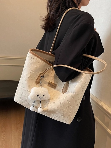 Women Embossed Cartoon Pattern PU Leather Tote Bag Fashion Shoulder Underarm Handbag Large Capacity Commute Bag