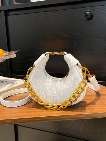 Women PU Lychee Pattern Crescent Shoulder Bag With Gold Metal Chain Fashion Mini Crossbody Handbag Versatile Daily Party Bag