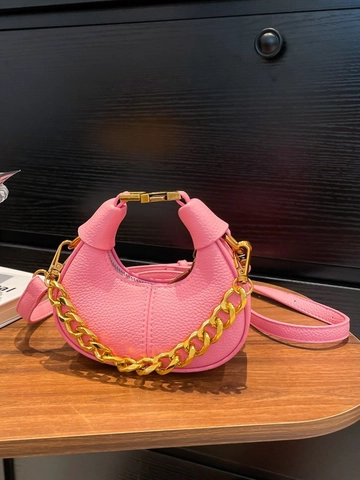 Women PU Lychee Pattern Crescent Shoulder Bag With Gold Metal Chain Fashion Mini Crossbody Handbag Versatile Daily Party Bag