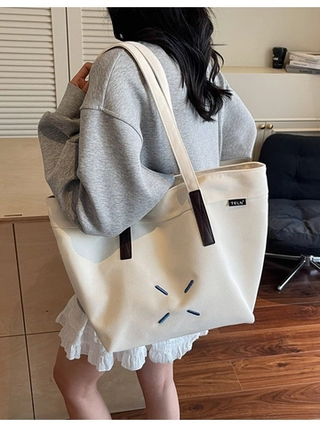 Sac Fourre-tout en Toile de Grande Capacité pour Femmes Simple Sac à Épaule Polyvalent Avec Point de Croix Et Fermeture Éclair