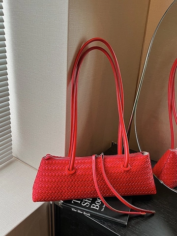 Women Woven PU Leather Underarm Baguette Bag Simple Niche Shoulder Bag With Double Straps And Tassel Zipper Pull Commuter Tote