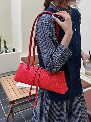 Women Woven PU Leather Underarm Baguette Bag Simple Niche Shoulder Bag With Double Straps And Tassel Zipper Pull Commuter Tote