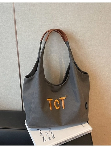 Grand Sac Fourre-tout en Toile pour Femmes Lettre Brodée Sac à Bandoulière Décontracté Sac de Shopping Minimaliste École Travail