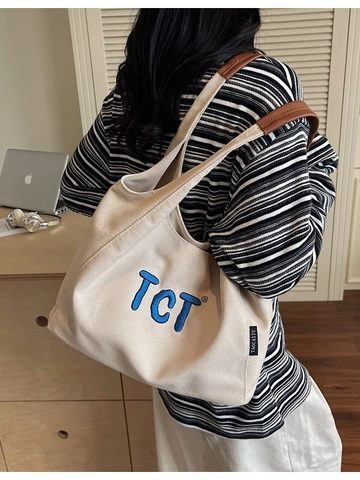 Grand Sac Fourre-tout en Toile pour Femmes Lettre Brodée Sac à Bandoulière Décontracté Sac de Shopping Minimaliste École Travail