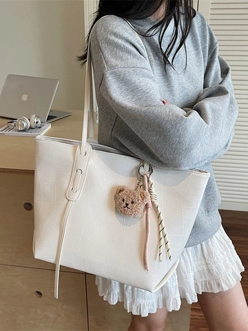 Women Large Capacity Crocodile Pattern PU Leather Tote Bag Fashion Simple Stone Embossed Shoulder Bag With Bear Charm