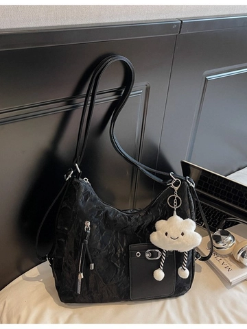 Women Large Capacity Pleated PU Leather Hobo Shoulder Bag Casual Commuter Tote With Plush Cloud Charm Fashion Backpack
