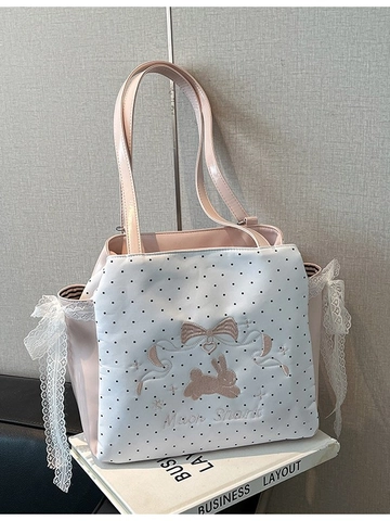 Japanese Sweet Style PU Leather Polka Dot Backpack Tote Bag With Rabbit Ribbon Embroidery And Lace Bow For Women Daily Fashion