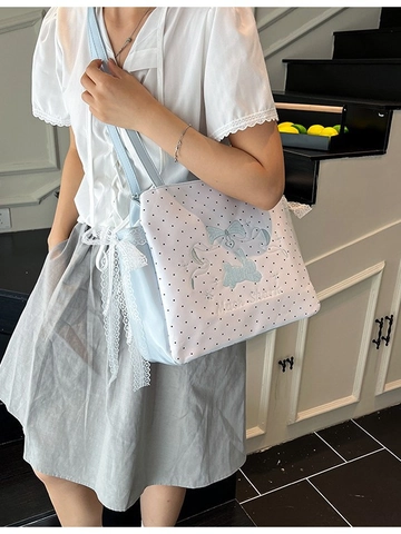 Japanese Sweet Style PU Leather Polka Dot Backpack Tote Bag With Rabbit Ribbon Embroidery And Lace Bow For Women Daily Fashion