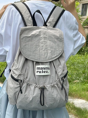 Women Casual Nylon Backpack Large Capacity Waterproof Drawstring School Bookbag Travel Daypack Fashion Letter Patch Bag