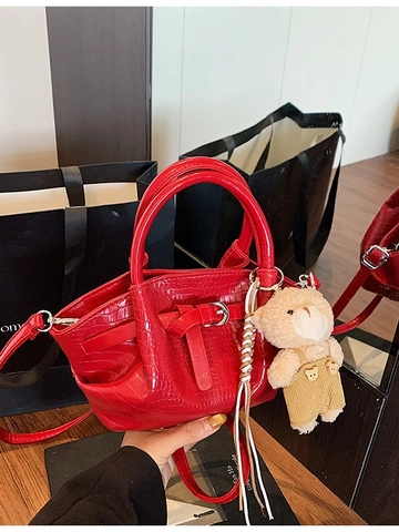 Women Fashion Crocodile Pattern Bucket Bag Large Capacity PU Leather Crossbody Bag With Teddy Bear Charm Handbag For Summer