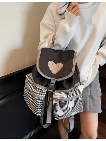 Korean Style Women Canvas Backpack Large Capacity Heart Patchwork School Bag For Students Fashion Multi Pocket Travel Bag