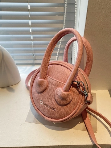 Women Mini Round Crossbody Bag Litchi Pattern PU Leather Handbag Heart Decor Versatile Fashion Simple Shoulder Purse