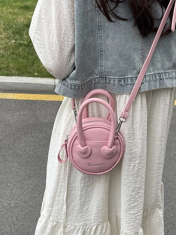 Women Mini Round Crossbody Bag Litchi Pattern PU Leather Handbag Heart Decor Versatile Fashion Simple Shoulder Purse
