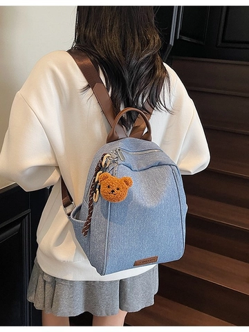 Damen Kontrastfarbe Denim Rucksack Große Kapazität Pendeln Student Schultasche Mit Bären Anhänger Verstellbare Schultergurte Mode Handtasche