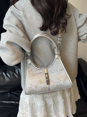 Women Small Bucket Bag PU Leather Snake Pattern Shoulder Bag Silver Lock Retro Hobo Handbag Crossbody Bag For Everyday Work