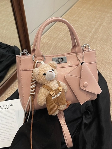 Women Fashion PU Leather Shoulder Bag Minimalist Solid Color Square Crossbody Bag With Bear Pendant And Envelope Charm