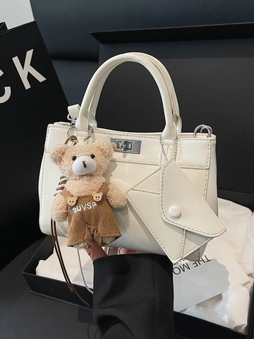 Women Fashion PU Leather Shoulder Bag Minimalist Solid Color Square Crossbody Bag With Bear Pendant And Envelope Charm
