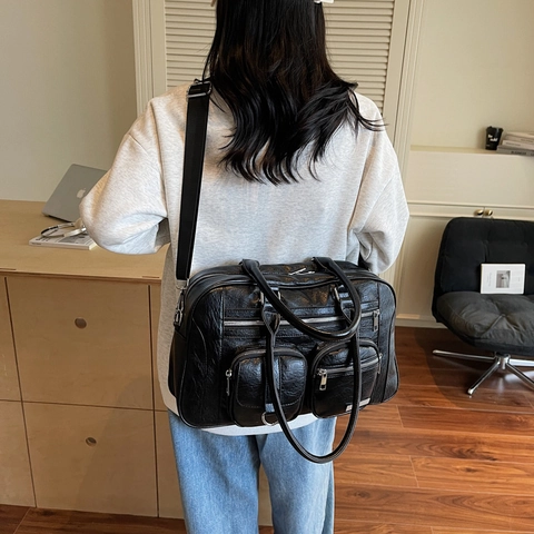 Vintage Women PU Leather Large Capacity Handbag Multi Pocket Functional Shoulder Bag Casual Travel Commuter Crossbody Bag