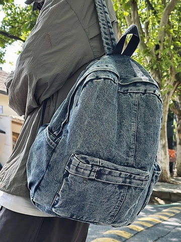 Sac à Dos en Denim Délavé Vintage pour Femmes Hommes Étudiants Cartable Rétro Décontracté Patchwork Rayé Jeans Sac de Voyage Quotidien