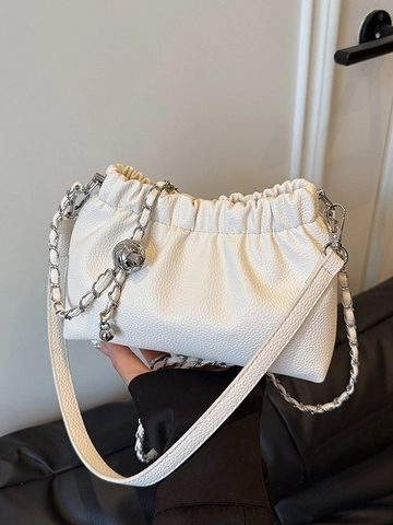 Bolso de Nube Plisado para Mujer Cuir PU Grano de Lychee Bolso Bandolera Cadena Plateada Charm Esfera Metálica Bolso de Hombro