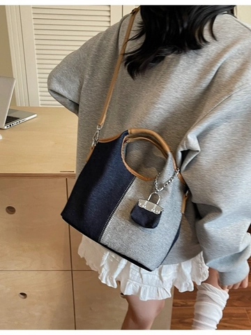 Sac Seau en Toile Bloc de Couleur de Grande Capacité pour Femmes Sac Bandoulière de Couleur Contrastée Cousu Avec Bandoulière