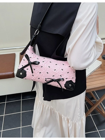 Women Casual Large Capacity Underarm Bag Crossbody Shoulder Bag With Bow Decoration PU Leather Stitching Fashion Hobo Bag