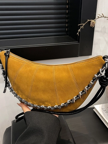 Borsa Croissant in Pelle PU Donna Texture Camoscio Borsa a Tracolla a Mezzaluna Catena Argento Borsa a Spalla Minimalista