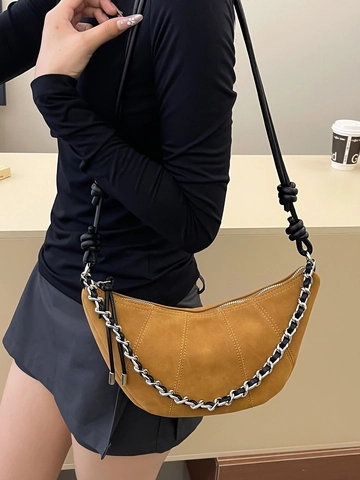 Borsa Croissant in Pelle PU Donna Texture Camoscio Borsa a Tracolla a Mezzaluna Catena Argento Borsa a Spalla Minimalista