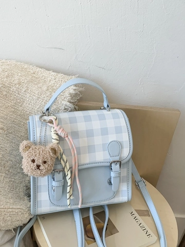 Women Plaid Mini Backpack Contrast Color PU Leather Fashion Small Handbag With Cute Plush Bear Pendant Casual College Style