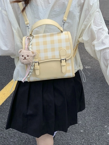 Women Plaid Mini Backpack Contrast Color PU Leather Fashion Small Handbag With Cute Plush Bear Pendant Casual College Style