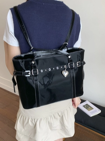 Women Black Glossy PU Tote Bag Y2K Punk Style Shoulder Bag Large Capacity School Commuting Handbag With Heart Pendant