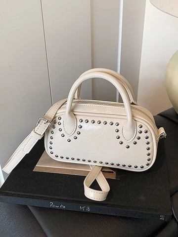 Women Rivet Shoulder Bag Fashionable PU Leather Mini Boston Bag Versatile Crossbody Handbag With Strap Daily Dating