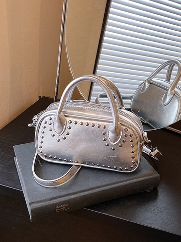 Women Rivet Shoulder Bag Fashionable PU Leather Mini Boston Bag Versatile Crossbody Handbag With Strap Daily Dating