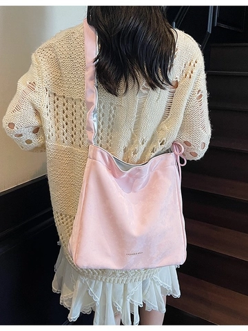 Casual Women Flannel Pleated Tote Bag Large Capacity Shoulder Crossbody Bag With Drawstring Decoration Fashion Cloud Bag