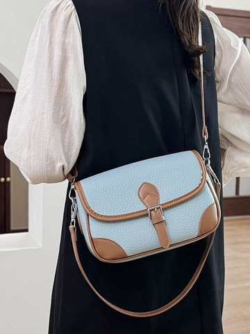 Sac Bandoulière en Cuir PU Couleur Contrastée Vintage pour Femmes Petit Sac Carré Motif Litchi avec Bandoulière Réglable