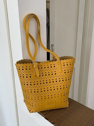 Women Vintage Laser Cut Hollow Out Tote Bag Scalloped Edge Large Capacity PU Leather Shoulder Bag With Inner Pouch