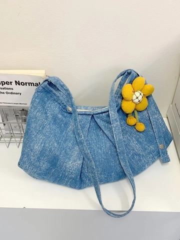 Borsa a Spalla in Denim Lavato da Donna Grande Capacità Borsa a Tracolla Pieghettata Dumpling Con Ciondolo a Fiore Borsa Casual