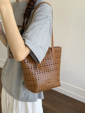 Women Vintage Laser Cut Hollow Out Tote Bag Scalloped Edge Large Capacity PU Leather Shoulder Bag With Inner Pouch
