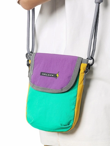 Sac Bandoulière Femme en Nylon Sac de Téléphone Mode Contraste de Couleurs Mini Sac à Épaule Avec Sangle de Corde Réglable