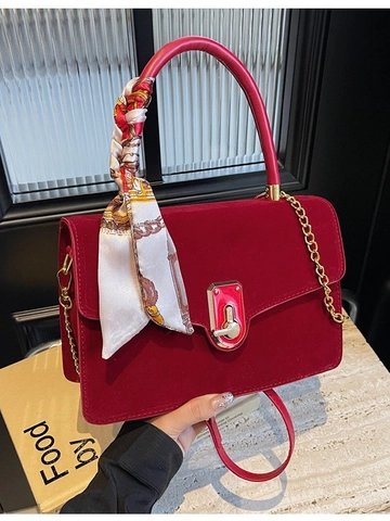 Elegant Red Flannel Handbag For Women Vintage Wedding Bridal Crossbody Bag With Satin Scarf Decor Gold Metal Chain Strap Purse