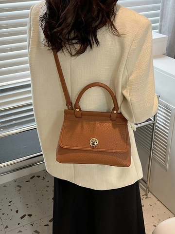 Bolso de Mano Cuadrado Pequeño de Cuero PU Vintage para Mujer Textura Litchi Color Sólido Costuras Bandolera Casual Diario Asa