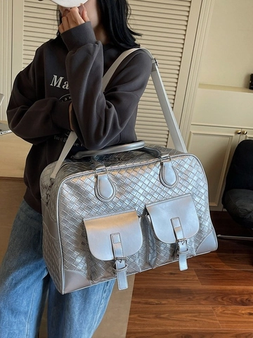 Large Capacity Woven Travel Bag For Women Fashion PU Leather Weekend Duffel Bag With Detachable Shoulder Strap For Gym Vacation