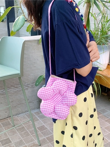 Gingham 3D Flower Shape Crossbody Bag Canvas Mini Mobile Phone Pouch For Women Girls Cute Summer Casual Shoulder Bag