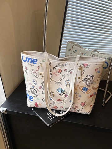 Bolso Tote de Cuero PU de Gran Capacidad para Mujer Bolso de Hombro con Estampado de Graffiti para Conmutar Escuela Uso Diario