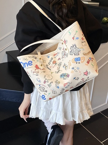 Bolso Tote de Cuero PU de Gran Capacidad para Mujer Bolso de Hombro con Estampado de Graffiti para Conmutar Escuela Uso Diario