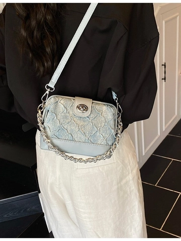 Korean Fashion Denim Texture PU Crossbody Bag For Women Mini Square Chain Handbag Silver Blue Lock Closure Small Messenger Bag
