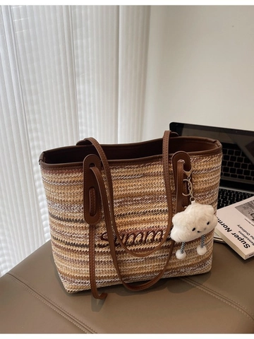 Women Large Capacity Straw Woven Tote Bag Handmade Summer Beach Vacation Shoulder Bag With Plush Cloud Pendant Embroidery Letter