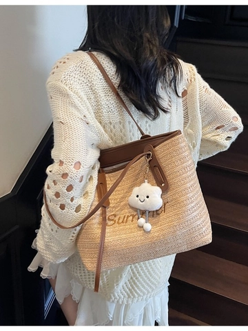 Women Large Capacity Straw Woven Tote Bag Handmade Summer Beach Vacation Shoulder Bag With Plush Cloud Pendant Embroidery Letter