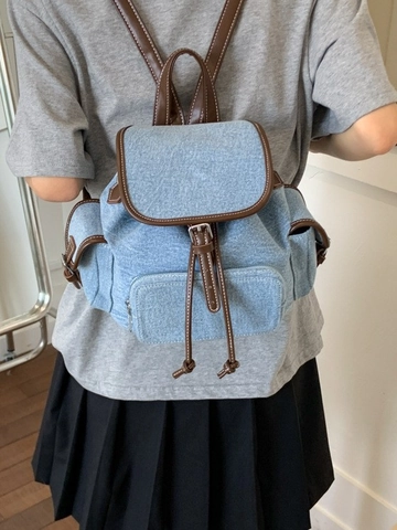 Women Vintage Denim Backpack Large Capacity Drawstring Flap School Bag With PU Leather Trim Contrast Stitching Travel Daypack